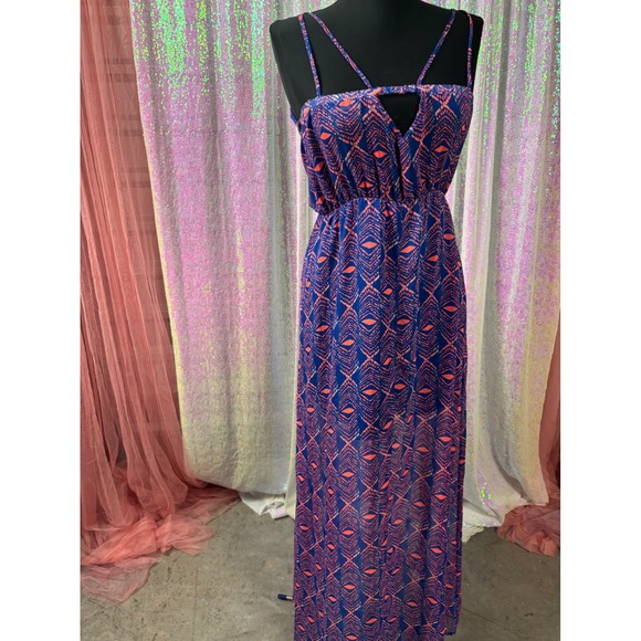 dee elle Dresses & Skirts - Dee Elle Blue Coral Tribal Geometric Cutout Maxi Dress Womens Size Small Boho